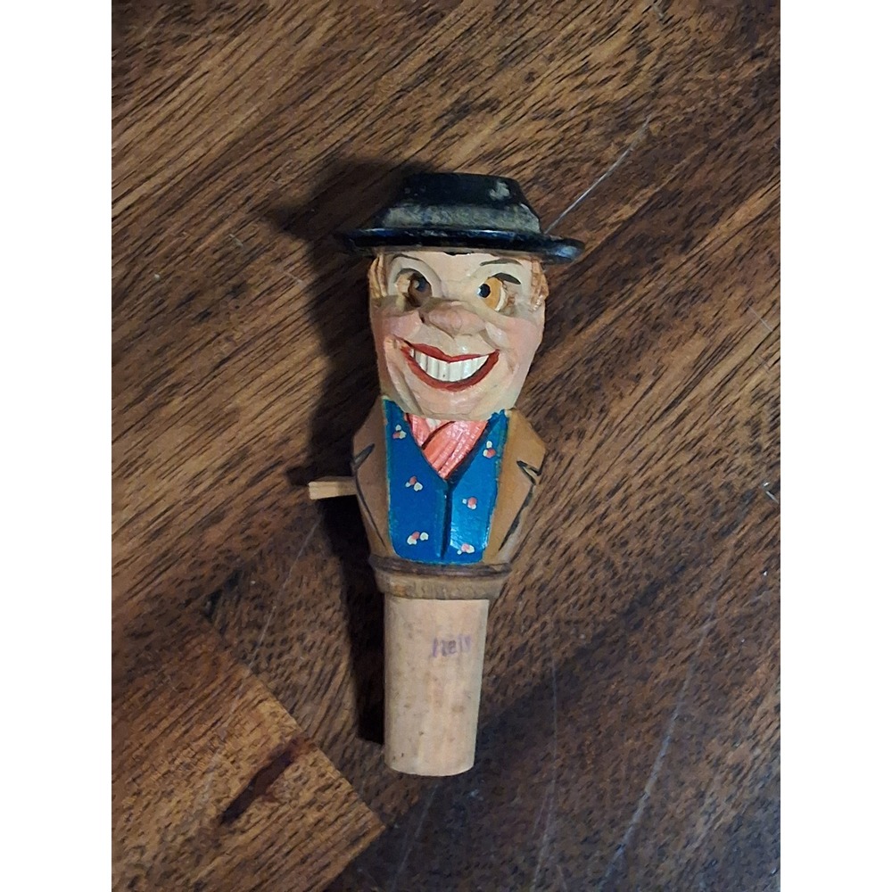 Vintage ANRI Hand Carved Wood Mechanical Wine Bottle Stopper With Dual Action